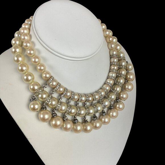 Vintage Carolee Faux Pearl Rhinestone Collar Bib Necklace Chunky Double Strand - Picture 3 of 11